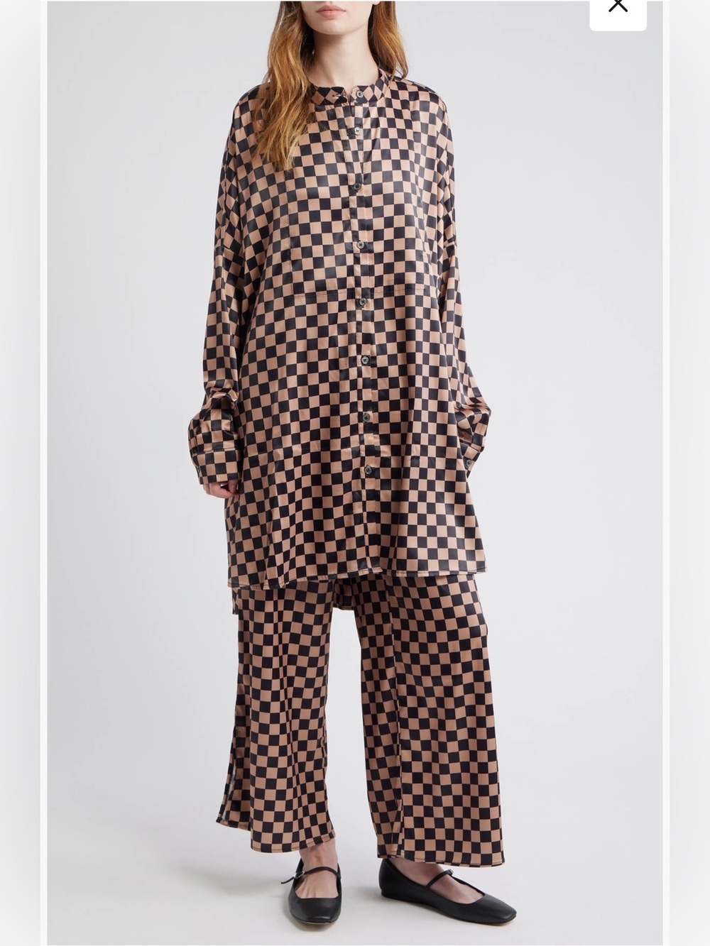 NWT Dressed in Lala Iced Coffee Checkerboard Button-Up Satin Shirt & Pants Set